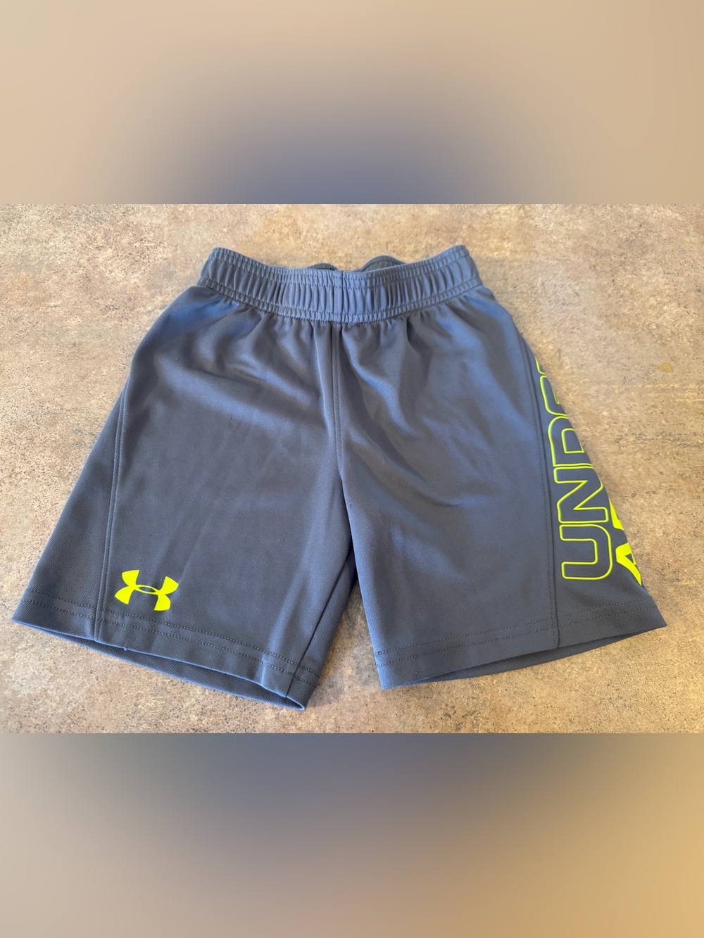 Under Armour Youth Gray Athletic Shorts with Neon Yellow Logo Size 4